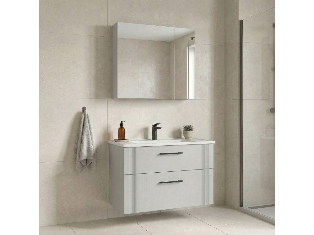 Conjunto de móvel de lavatório com espelho (2 peças) «Bari 85 v2» - 85 x 45 x 55 cm - Branco mate