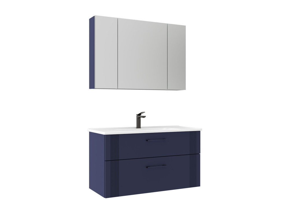 Conjunto de móvel de lavatório com espelho (2 peças) «Bari 100 v2» - 100 x 45 x 55 cm - Azul-marinho mate