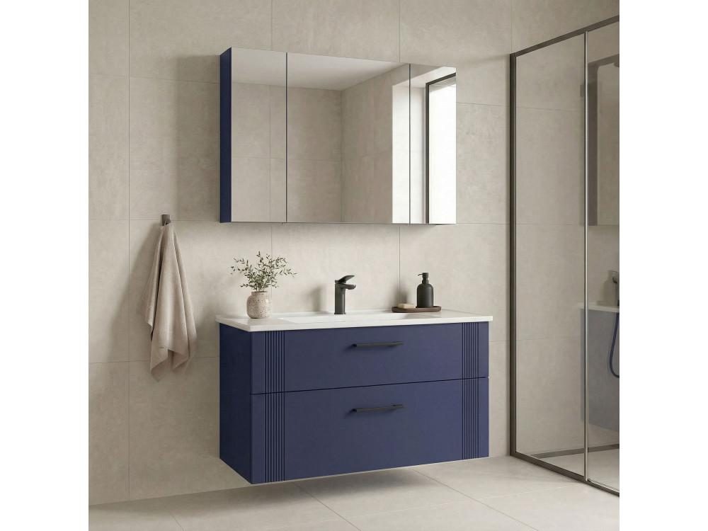 Conjunto de móvel de lavatório com espelho (2 peças) «Bari 100 v2» - 100 x 45 x 55 cm - Azul-marinho mate
