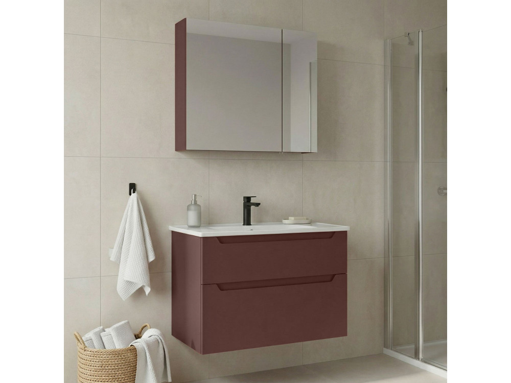 Conjunto de móvel de lavatório com espelho (2 peças) «Messina 85 v2» - 85 x 45 x 55 cm - Vermelho mate