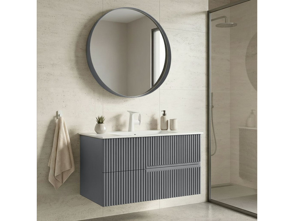 Conjunto de móvel de lavatório com espelho (2 peças) «Moonlight 90 v2» - 91 x 51 x 51 cm - Cinza mate