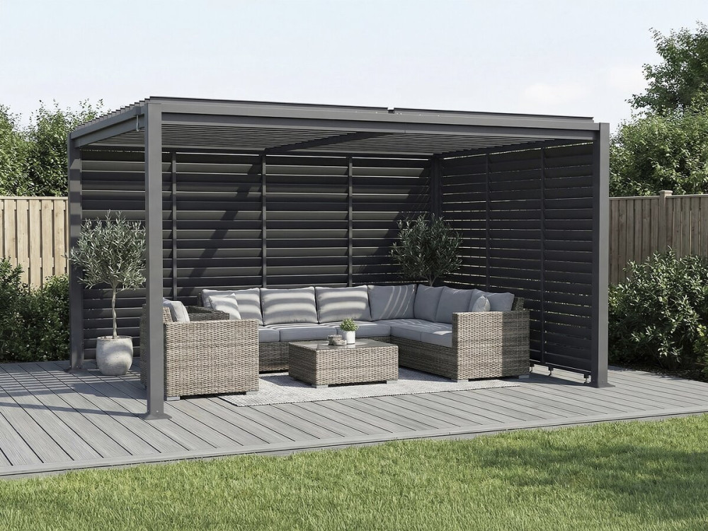 Pérgola bioclimática com 7 venezianas de aço galvanizado "Howard" - 3 x 4 m - Cinza