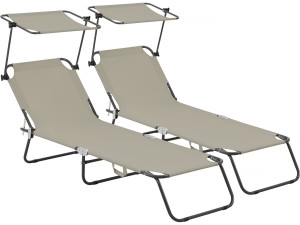 Conjunto de 2 espreguiçadeiras dobráveis "Lazy" - Com guarda-sol - Taupe