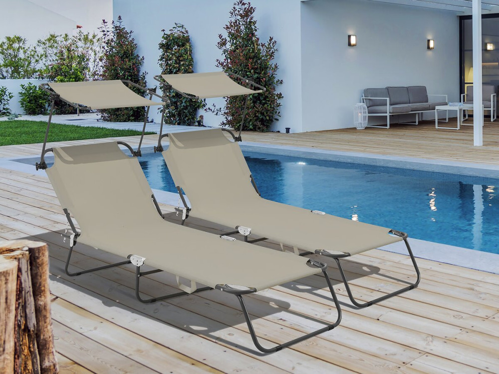 Conjunto de 2 espreguiçadeiras dobráveis "Lazy" - Com guarda-sol - Taupe