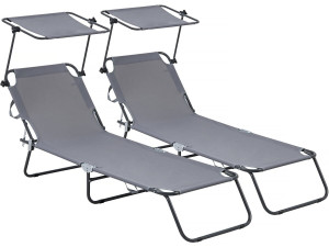Conjunto de 2 espreguiçadeiras dobráveis "Lazy" - Com guarda-sol - Cinza
