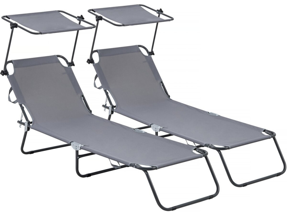 Conjunto de 2 espreguiçadeiras dobráveis "Lazy" - Com guarda-sol - Cinza