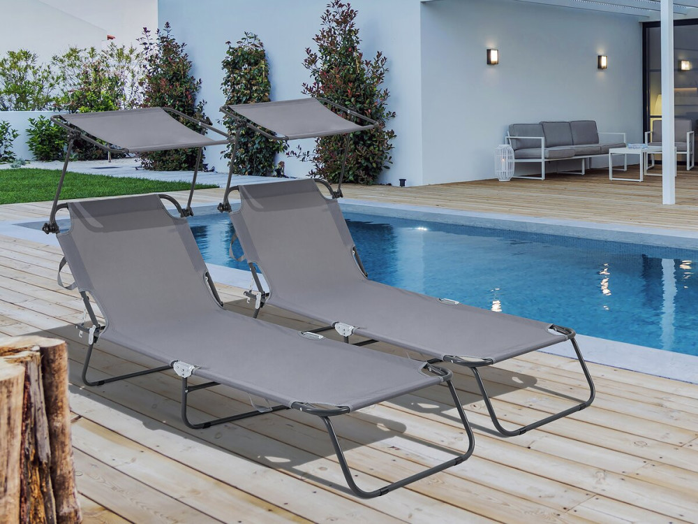 Conjunto de 2 espreguiçadeiras dobráveis "Lazy" - Com guarda-sol - Cinza