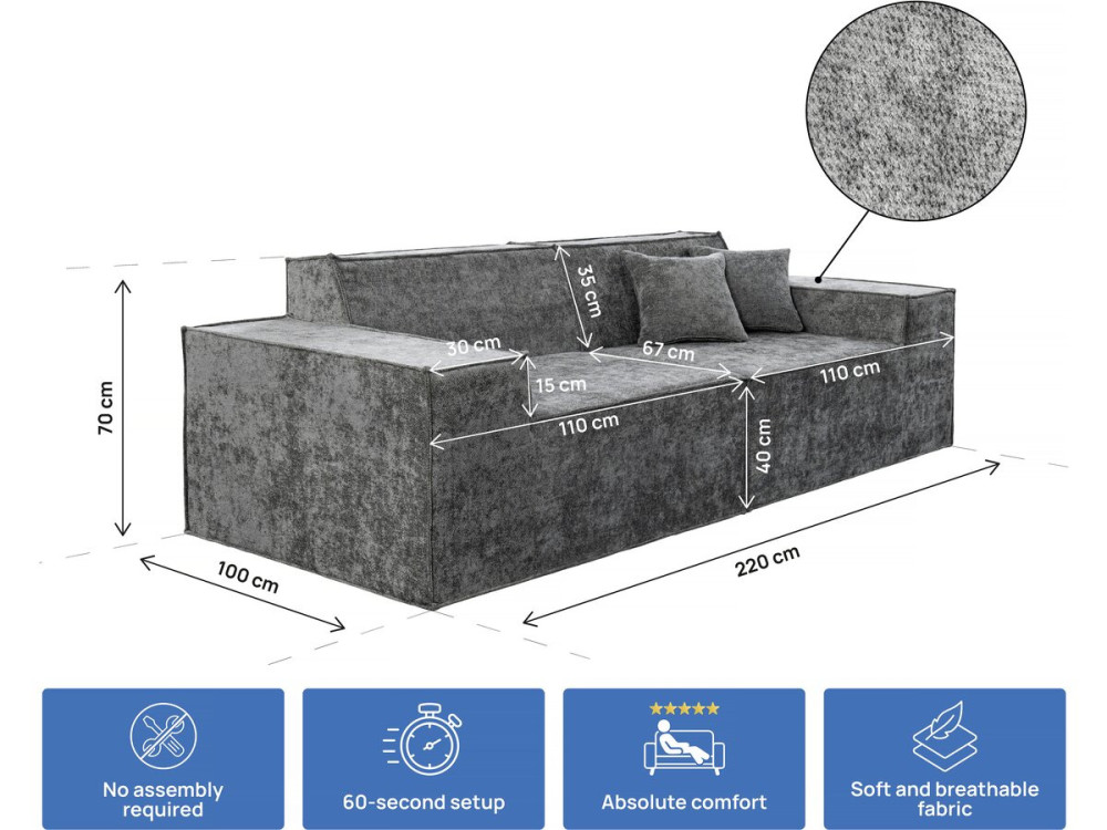 Sofá modular reto em tecido texturado "Lusso" - 3 lugares - Cinza