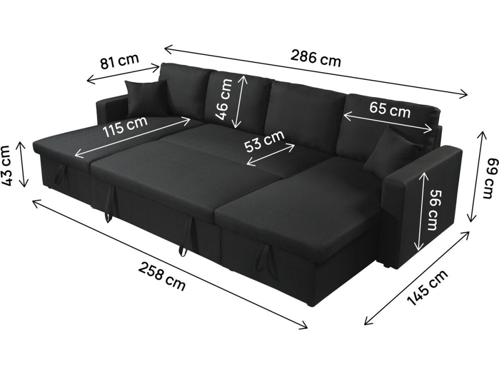 Sofá-cama de canto panorâmico "Alain" em tecido - 4 lugares - Preto
