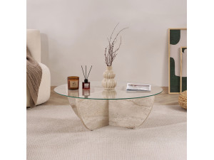 Mesa de centro em vidro "Liya" 90 x 90 x 30 cm - Travertino 2