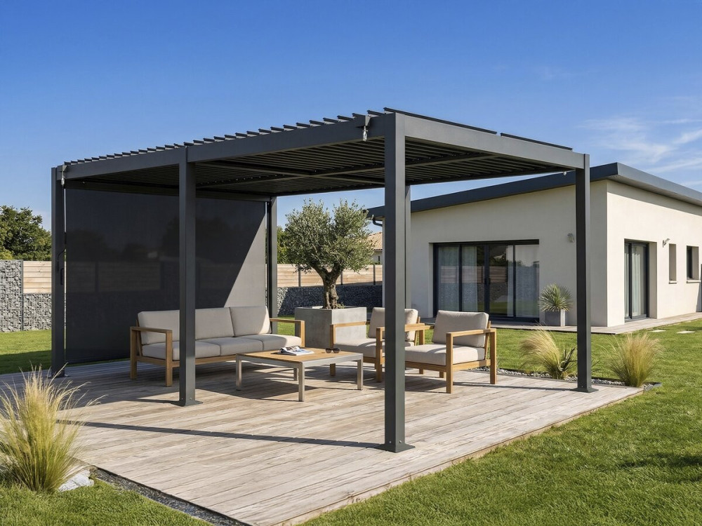 Pérgula bioclimática "Kensington" com toldo em alumínio - 3 x 5 m - Cinzento