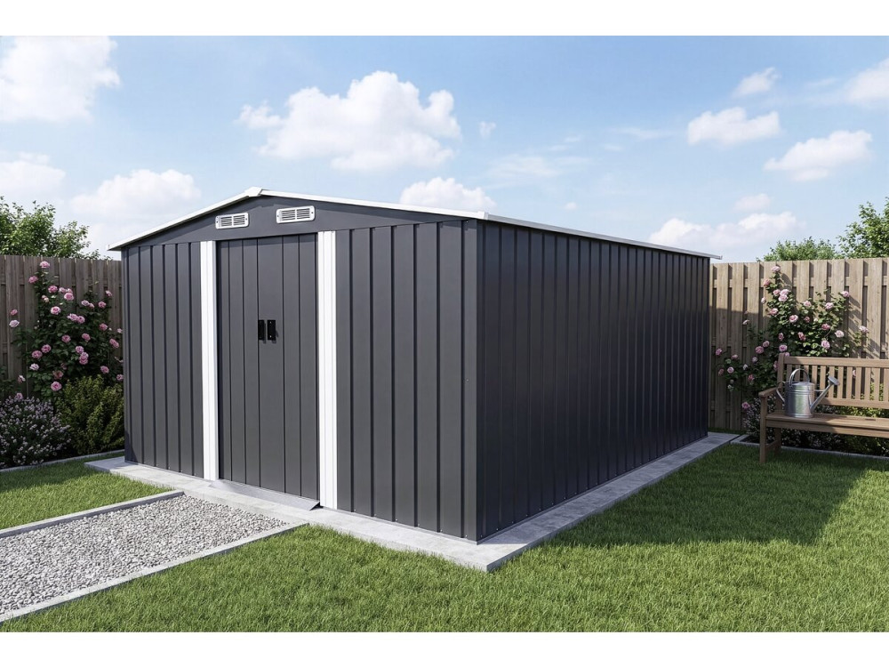 Telheiro metálico para jardim com porta de correr "Boston" - 13 m² - Cinzento