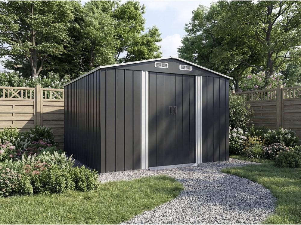 Barracão de jardim metálico "Boston" com porta de correr - 8 m² - Cinzento