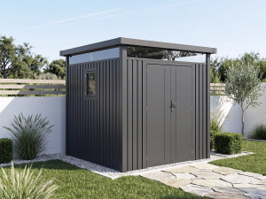 Cobertil de jardim em metal premium com telhado plano e porta de batente «Lexinton» - 5,29 m² - Cinza 2