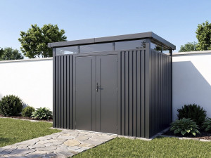 Cobertura de jardim em metal premium com telhado plano e porta de batente «Lexinton» - 6,76 m² - Cinza 2