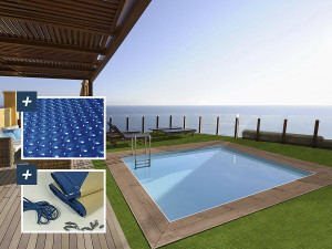 Piscina de madeira retangular "Zanzibar" - 3,50 x 2,30 x 1,24 m - Cobertura de bolhas 180 µ - Cobertura de inverno 280 g/m² 2
