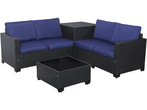 Conjunto de mobiliário de jardim em resina tecida "Riley" com caixa de arrumação - 4 lugares - Azul escuro