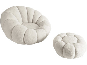 Cadeirão estilo bolha "Élysée" com pufe em tecido bouclette - Creme
