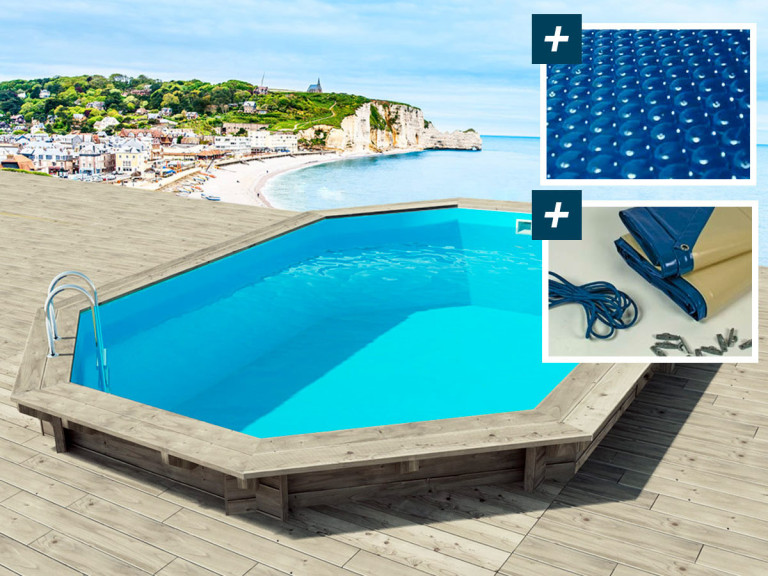 Piscina de madeira "Brazilia" 5,86 x 3,86 x 1,20 m - Cobertura de bolhas 180 µ - Cobertura de inverno 280 g/m²