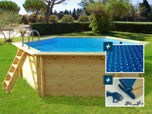 Piscina de madeira "Hawai" - 4,10 x 1,20 m + cobertura bolha 180 + cobertura inverno 280 gr/m²