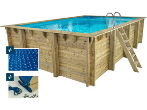 Piscina retangular de madeira "Panamá" - 6,20 x 4,10 x 1,45 m + capa bolha 180 µ - capa inverno 280 g/m² +