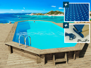 Piscina de madeira "Ibiza 130" - 8,57 x 4,57 x 1,31 m - cobertura bolha 180 µ - cobertura de inverno 280 g/m²