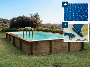 Kit piscina retangular de madeira "Murano" - 12,20 x 6,20 x 1,44 m - Cobertura de bolhas 400 µ - Cobertura de inverno 280 g/m²