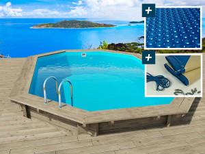 Piscina de madeira "Miami 130" - 4,86 x 3,36 x 1,30 m + cobertura bolha 180 µ + cobertura inverno 280 gr/m²