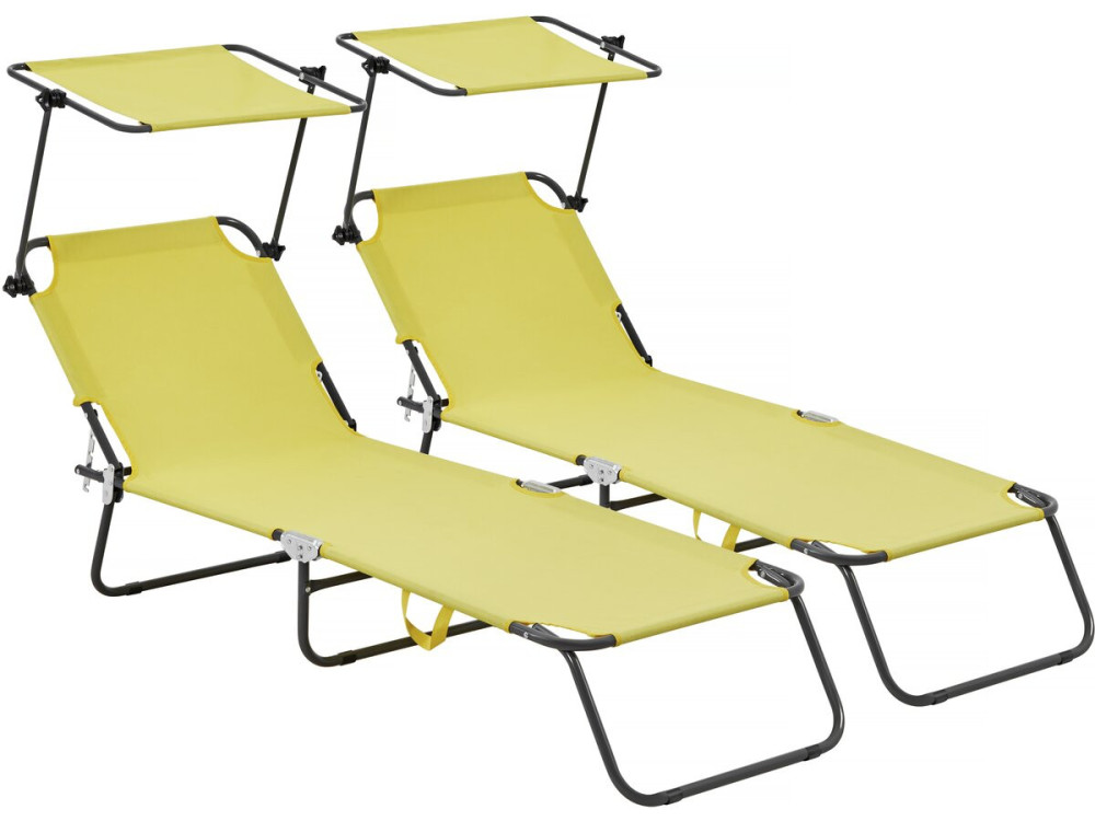 Pack de 2 espreguiçadeiras dobráveis "Lazy" - Com guarda-sol - Amarelo