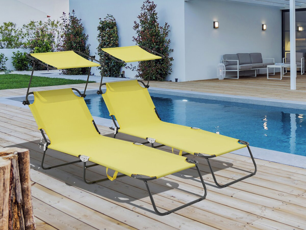 Pack de 2 espreguiçadeiras dobráveis "Lazy" - Com guarda-sol - Amarelo
