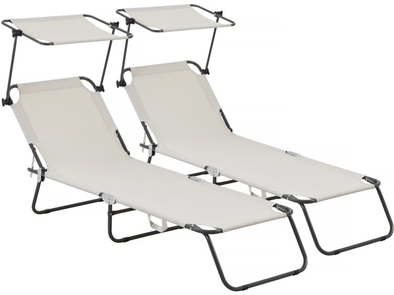 Conjunto de 2 espreguiçadeiras dobráveis "Lazy" - Com guarda-sol - Bege