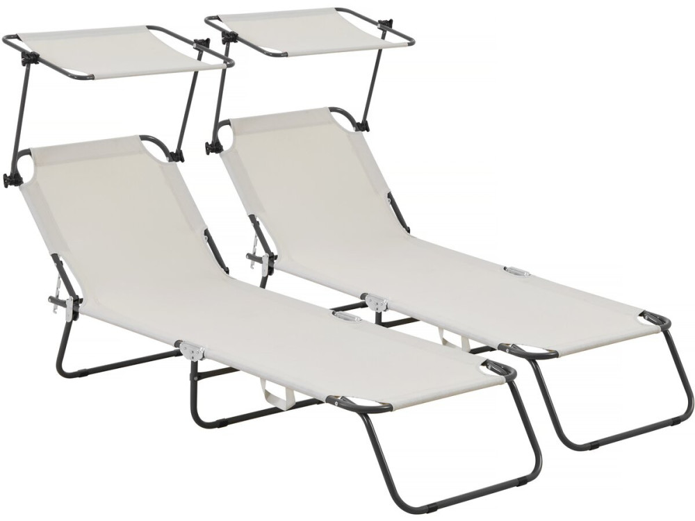 Conjunto de 2 espreguiçadeiras dobráveis "Lazy" - Com guarda-sol - Bege