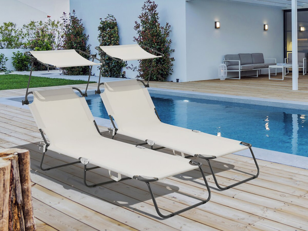 Conjunto de 2 espreguiçadeiras dobráveis "Lazy" - Com guarda-sol - Bege