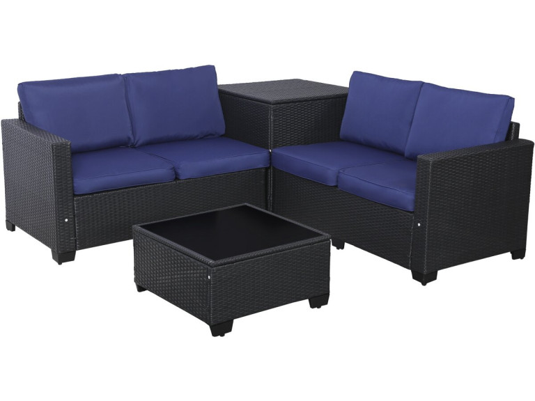 Conjunto de mobiliário de jardim em resina tecida "Riley" com caixa de arrumação - 4 lugares - Azul escuro