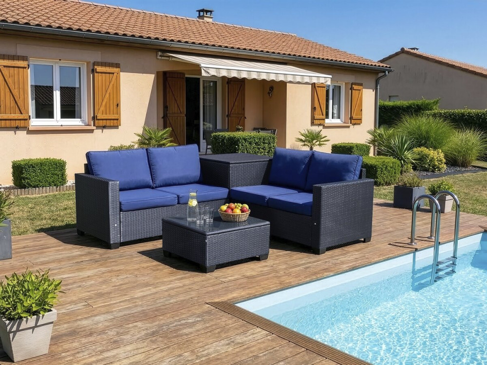 Conjunto de mobiliário de jardim em resina tecida "Riley" com caixa de arrumação - 4 lugares - Azul escuro