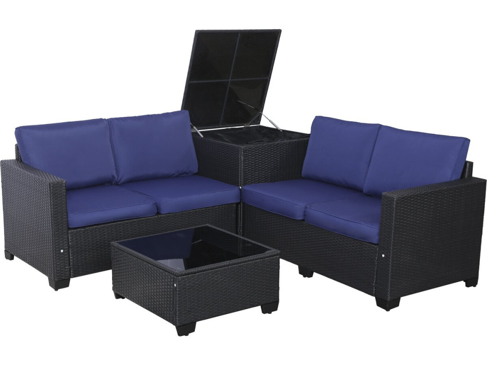 Conjunto de mobiliário de jardim em resina tecida "Riley" com caixa de arrumação - 4 lugares - Azul escuro