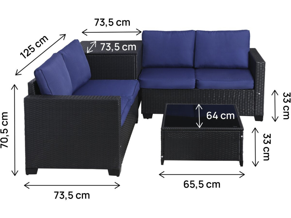 Conjunto de mobiliário de jardim em resina tecida "Riley" com caixa de arrumação - 4 lugares - Azul escuro