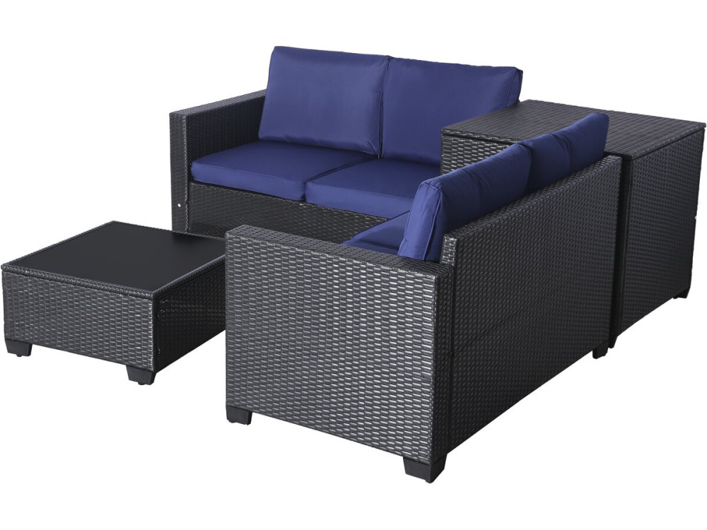 Conjunto de mobiliário de jardim em resina tecida "Riley" com caixa de arrumação - 4 lugares - Azul escuro