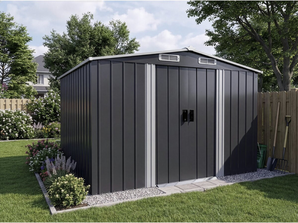 Telheiro metálico para jardim "Boston" com porta de correr - 6,54 m² - Cinzento