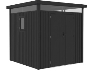 Cobertil de jardim em metal premium com telhado plano e porta de batente «Lexinton» - 5,29 m² - Cinza