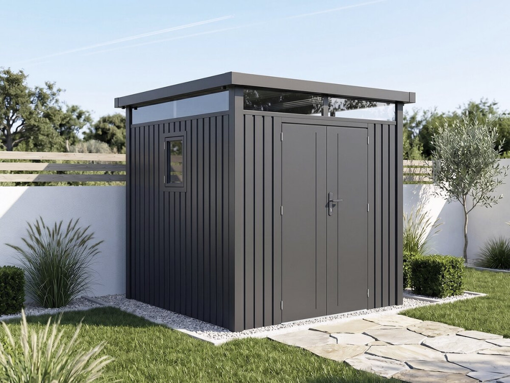 Cobertil de jardim em metal premium com telhado plano e porta de batente «Lexinton» - 5,29 m² - Cinza