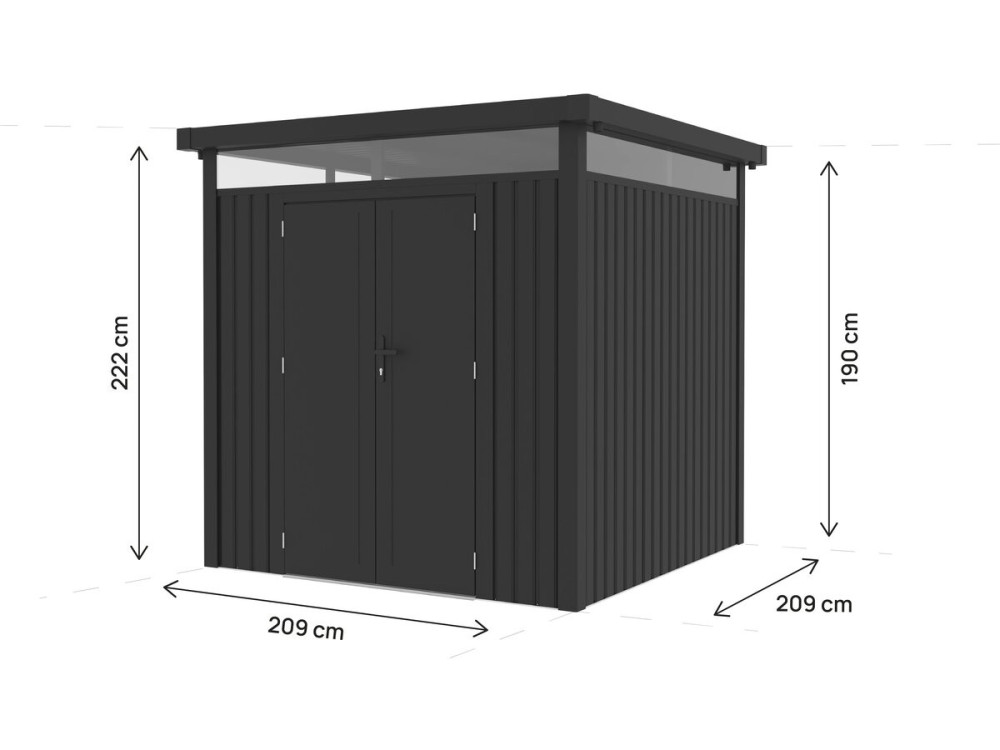Cobertil de jardim em metal premium com telhado plano e porta de batente «Lexinton» - 5,29 m² - Cinza