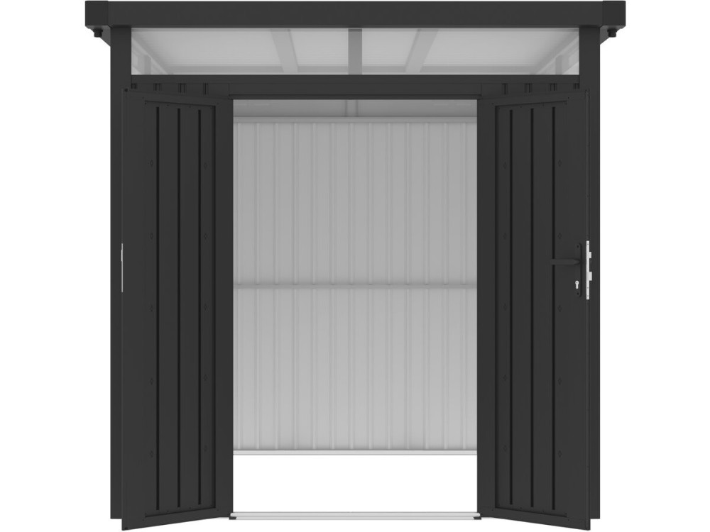 Cobertil de jardim em metal premium com telhado plano e porta de batente «Lexinton» - 5,29 m² - Cinza