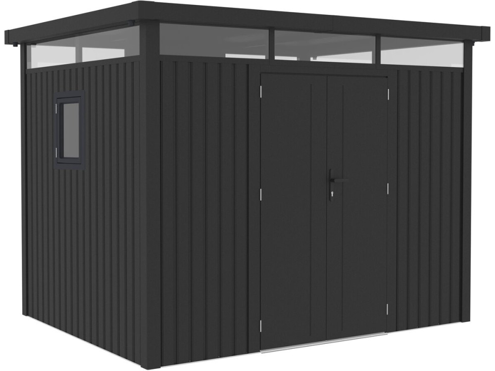 Cobertura de jardim em metal premium com telhado plano e porta de batente «Lexinton» - 6,76 m² - Cinza