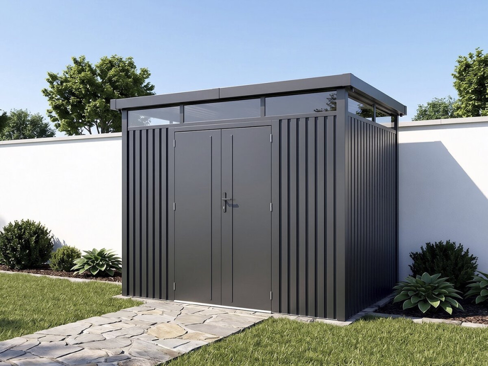 Cobertura de jardim em metal premium com telhado plano e porta de batente «Lexinton» - 6,76 m² - Cinza