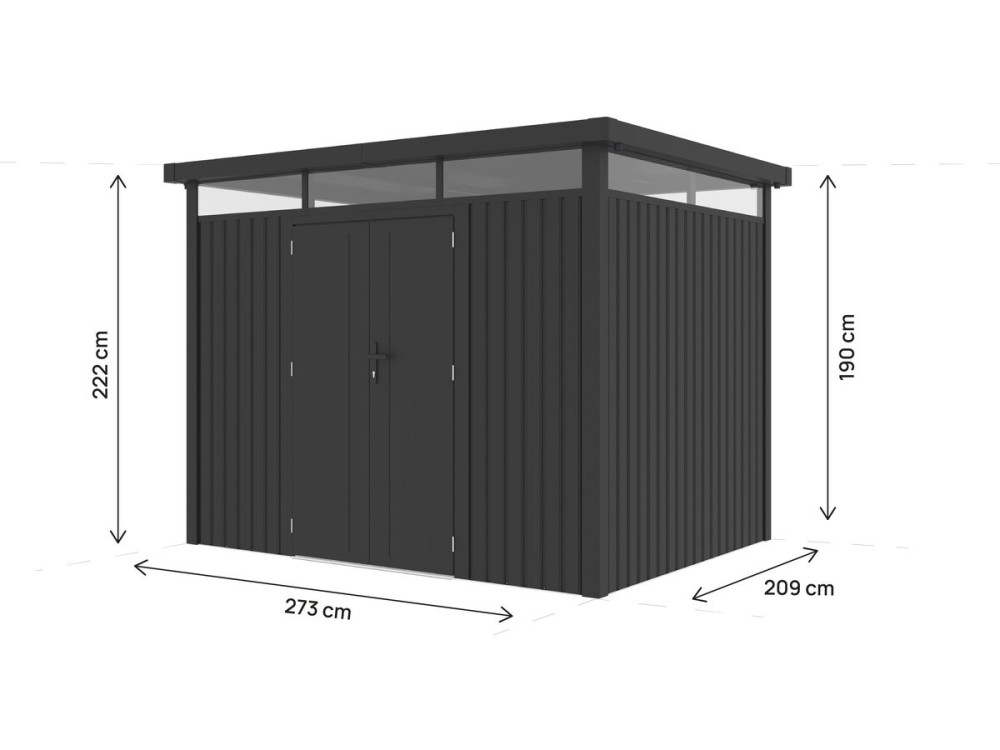 Cobertura de jardim em metal premium com telhado plano e porta de batente «Lexinton» - 6,76 m² - Cinza