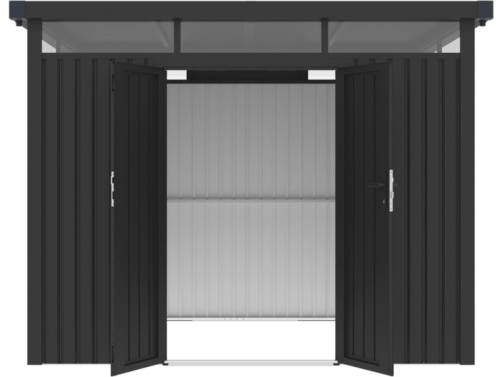 Cobertura de jardim em metal premium com telhado plano e porta de batente «Lexinton» - 6,76 m² - Cinza