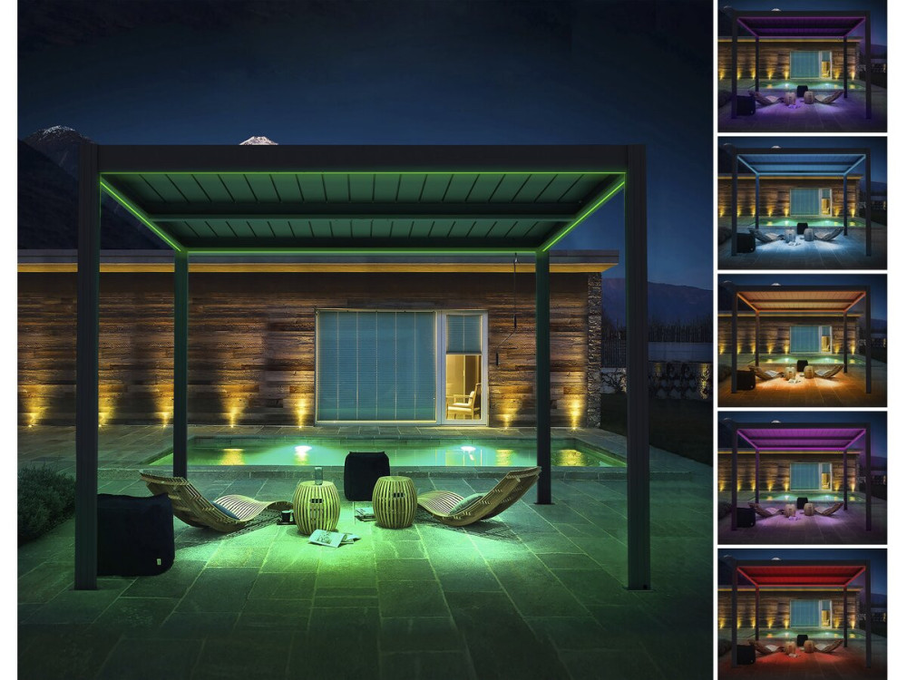 Pérgula bioclimática com LED "Windsor" em alumínio 3 x 4 - Cinza