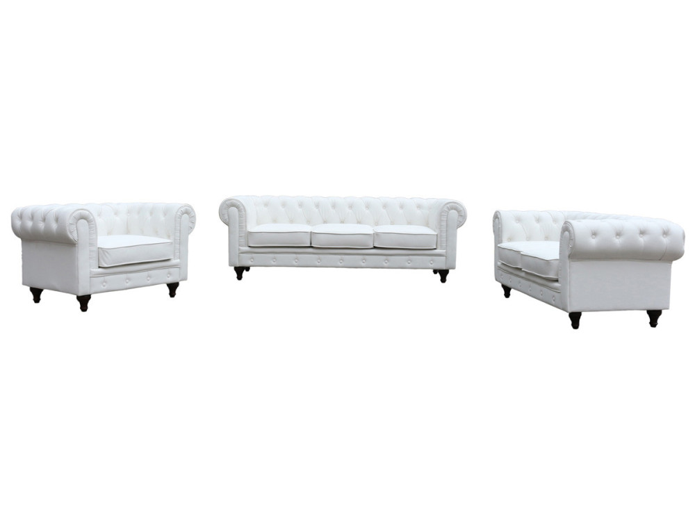 Canapé fixo Chesterfield "Aliza" - 208 x 82 x 70 cm - 3 lugares - Branco