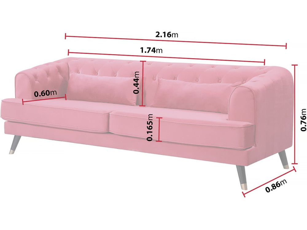 Canapé fixo em veludo "Gloria" - 216 x 86 x 76 cm - 3 lugares - Rouge